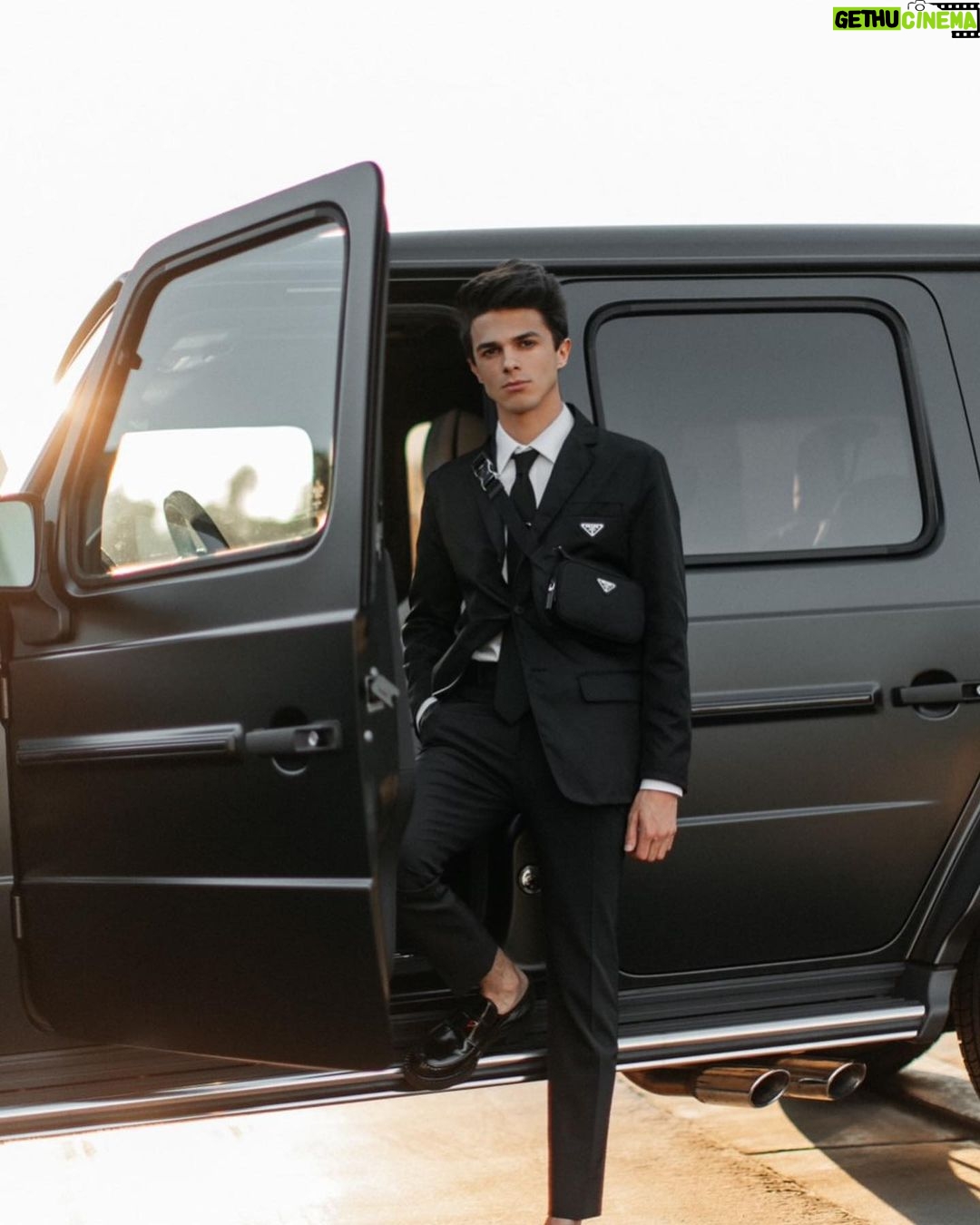 Brent Rivera Instagram - All dressed up in black and white💖 make sure to watch the first #PradaFW21 men’s fashion show by Miuccia Prada and Raf Simons on @Prada social channels😍