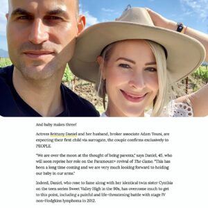 Brittany Daniel Instagram - We’re pregnant!! @adam.touni and I are thrilled to announce we’re expecting our first child in the fall, via surrogate! What a journey it’s been!  @people thank you for your gentle support in sharing my journey through cancer, survival, our wedding and now our journey into parenthood. We can’t wait to share more of our story with you all! @michaelsegalphoto #surrogacy #purejoy #ThereIsAlwaysHope