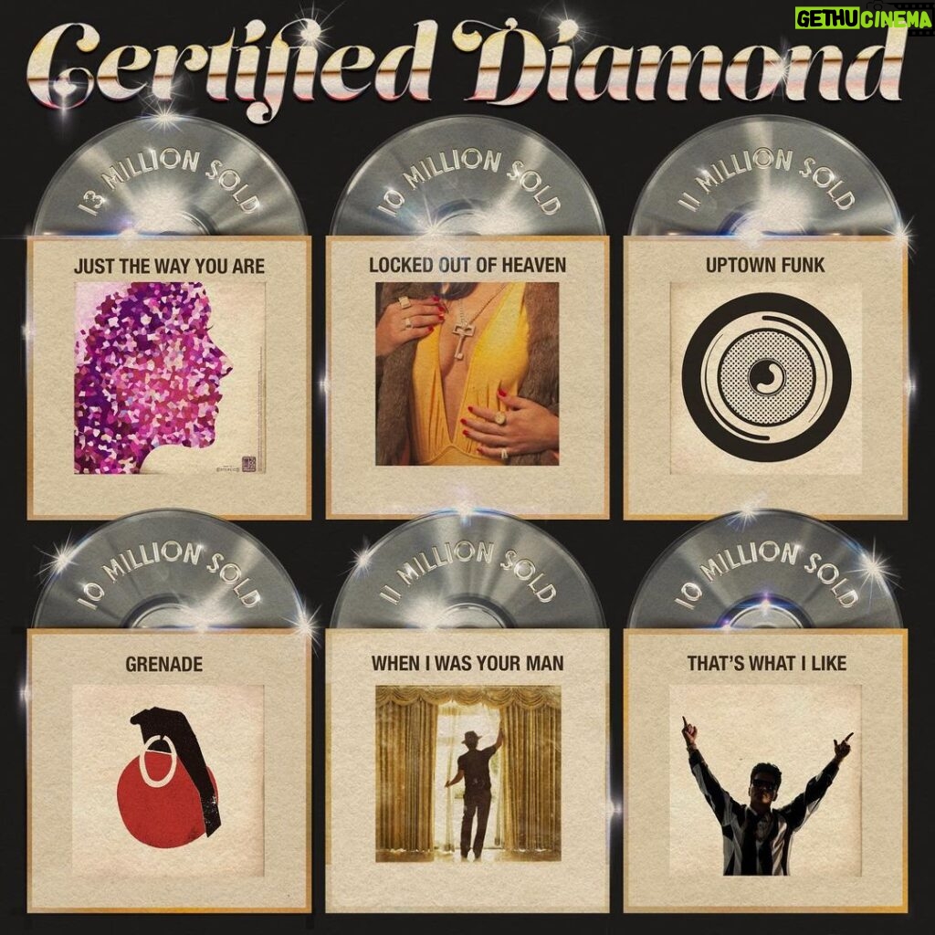 Bruno Mars Instagram - Just in time!! Locked Out Of Heaven is officially Diamond 10 years later. Which makes me 6x Diamond Brunz from here on out! News like this for some reason makes me wanna climb on top a mountain and scream “👏STOP👏PLAYIN👏WIT👏ME!”. I love you all and thank you for supporting these songs throughout the years! It always has and always will be all for you. To Be continued … 💎💎💎💎💎💎