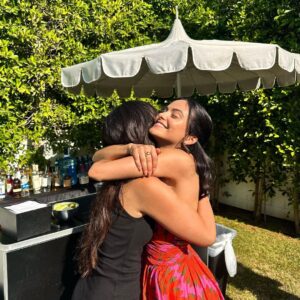 Camila Mendes Instagram - celebrated my golden bday yesterday, brazilian bbq style 🫶🏽 surrounded by the people i love most while eating the food i love most. obrigada @farmrio for the beautiful dress 🥹