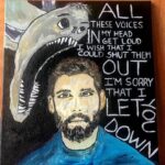 Casey Deidrick Instagram - In light of #worldmentalhealthday Self-portrait. I have always loved this story: An old Cherokee is teaching his grandson about life. "A fight is going on inside me," he said to the boy. "It is a terrible fight and it is between two wolves. One is evil - he is anger, envy, sorrow, regret, greed, arrogance, self-pity, guilt, resentment, inferiority, lies, false pride, superiority, and ego." He continued, "The other is good - he is joy, peace, love, hope, serenity, humility, kindness, benevolence, empathy, generosity, truth, compassion, and faith. The same fight is going on inside you - and inside every other person, too." The grandson thought about it for a minute and then asked his grandfather, "Which wolf will win?" The old Cherokee simply replied, "The one you feed." Lyrics by @nfrealmusic “Let You Down” #mentalhealth #mentalhealthawareness #acrylicpainting