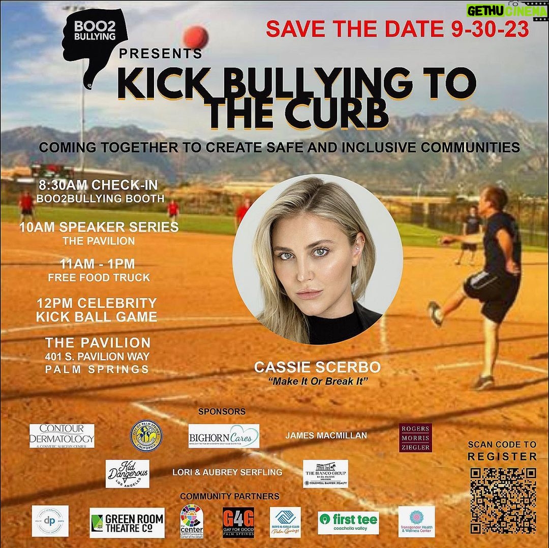 Cassandra Scerbo Instagram - 🎉LET THE GAMES BEGIN!!🎉Join us in the desert on SEPTEMBER 30TH to watch some of your favorite celebrities take to the field, all in support of our educational programming and suicide prevention outreach. This event is free to all! Register by emailing your name(s) to info@boo2bullying.org. If you’d like to donate to our event/programs, I’ve placed a link in my bio. 🙏🏼 Swipe to see some of our amazing players!