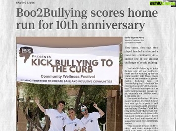 Cassandra Scerbo Instagram - Throwing it back to our first annual “Kick Bullying To The Curb” wellness festival & celebrity kickball event! Big thank you to Palm Springs mayor, @wewinwithgrace, who granted us a proclamation declaring September 30th “Boo2Bullying Day” in the city of Palm Springs. We couldn’t thank you enough for your support and recognition. Also on-hand with a rainbow proclamation were Julie Warren and David Gray, co-founders of the LGBTQ+ History and Archives of the Desert. Thank you for coming out to support @boo2bullying. Thank you to @palmspringspd Police Chief, Andy Mills, for being our “first kick “ as well as Palm Springs Fire Captain, Nathan Gunkel and all of the @palmspringsfire firefighters who came out to play with us! To the talent who came out and played, we are so grateful for all of your continuous support and for showing up for our cause, it truly means the world. To all of our generous sponsors, wonderful speakers, national anthem singer, Sophia Lanza, our community partners, our amazing event committee and all of the incredible volunteers from @gayforgood, we are so grateful for your support and presence. Lastly, thank you to the @desertsun for the wonderful feature! See you all next year! #KBTTC #Boo2Bullying