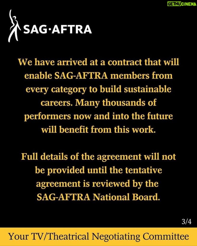 Cassandra Scerbo Instagram - Incredibly grateful to the @sagaftra negotiating committee for their relentless pursue in ensuring a better, more fair, future for #sagaftra members moving forward. To everyone who stood on the picket lines, day in & day out, thank you. To my fellow members who stood in solidarity for 118 days to fight the good fight, thank you. Additionally, I’m excited to update you all shortly on some of my most recent work, and most excited to GET BACK TO WORK! ❤️ #sagaftrastrong ✊