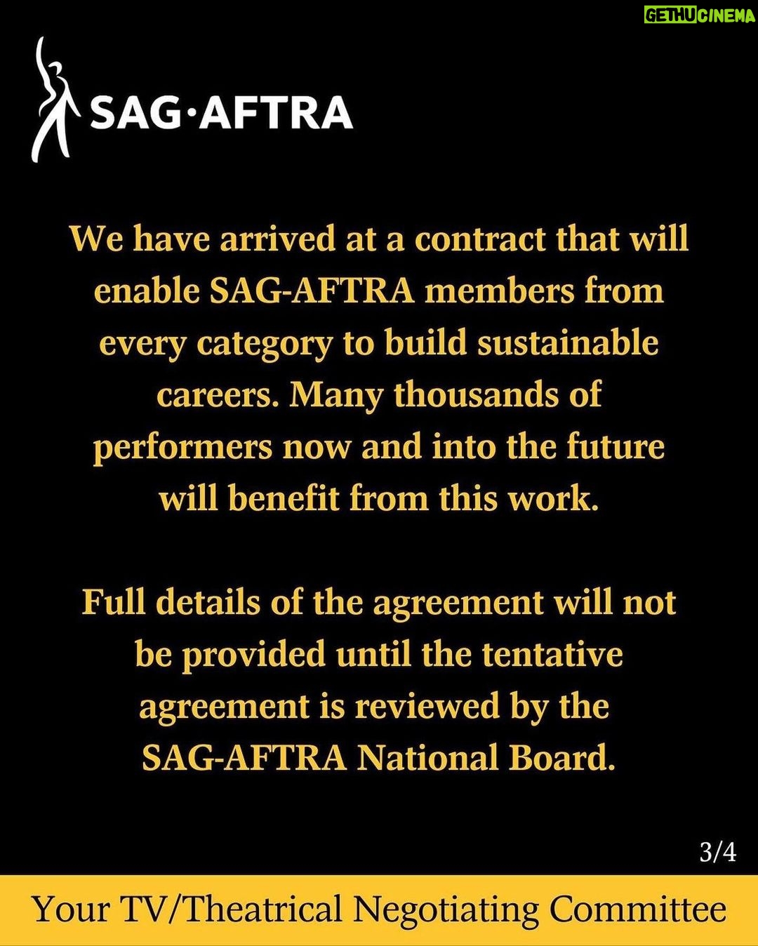 Cassandra Scerbo Instagram - Incredibly grateful to the @sagaftra negotiating committee for their relentless pursue in ensuring a better, more fair, future for #sagaftra members moving forward. To everyone who stood on the picket lines, day in & day out, thank you. To my fellow members who stood in solidarity for 118 days to fight the good fight, thank you. Additionally, I’m excited to update you all shortly on some of my most recent work, and most excited to GET BACK TO WORK! ❤️ #sagaftrastrong ✊