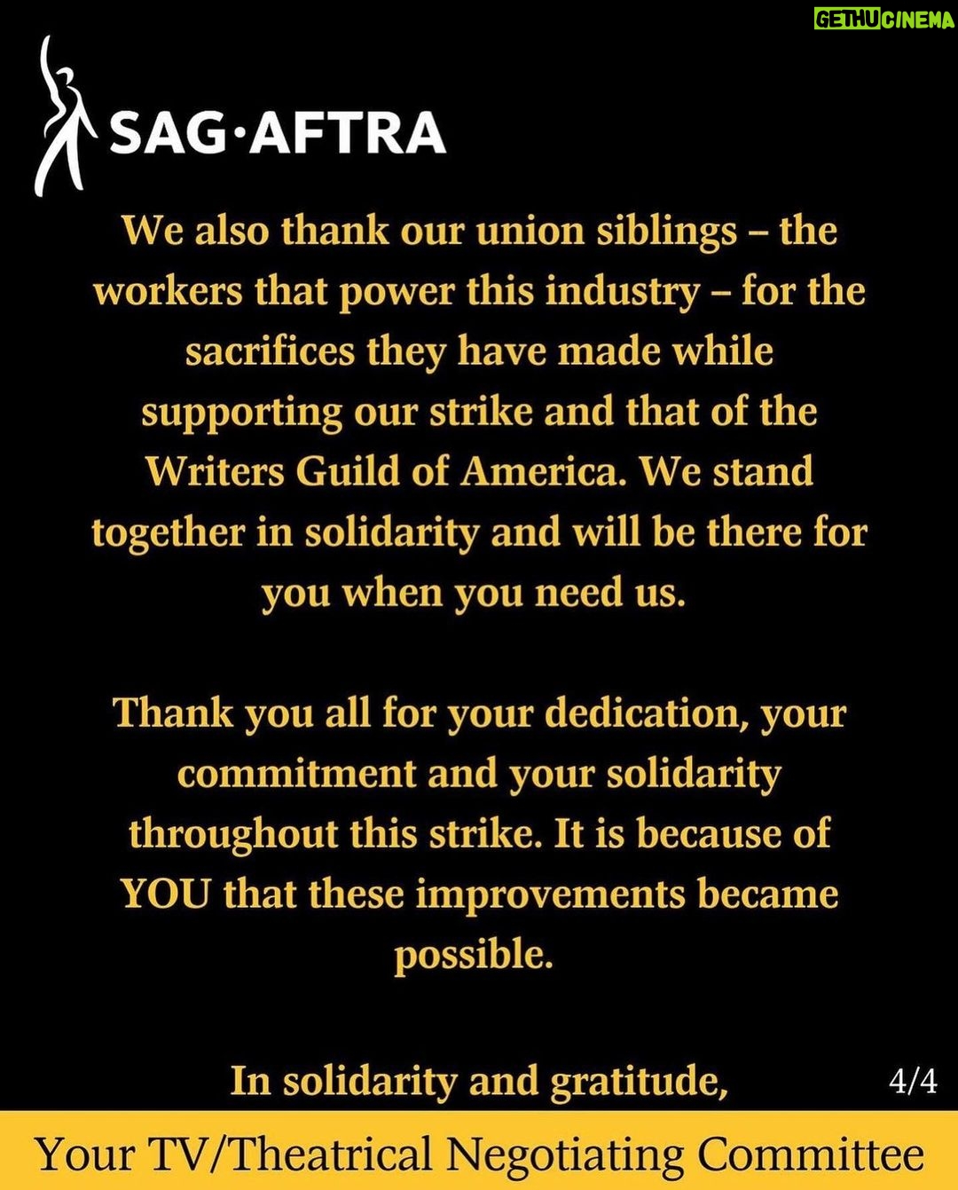 Cassandra Scerbo Instagram - Incredibly grateful to the @sagaftra negotiating committee for their relentless pursue in ensuring a better, more fair, future for #sagaftra members moving forward. To everyone who stood on the picket lines, day in & day out, thank you. To my fellow members who stood in solidarity for 118 days to fight the good fight, thank you. Additionally, I’m excited to update you all shortly on some of my most recent work, and most excited to GET BACK TO WORK! ❤️ #sagaftrastrong ✊
