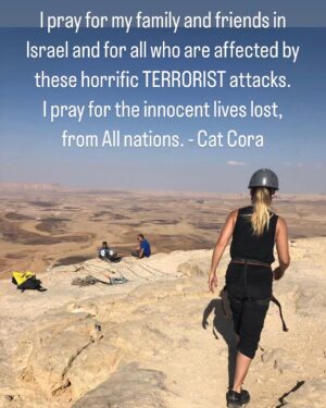 Cat Cora Instagram - I pray for my family and friends in #Israel and for all who are affected by these horrific TERRORIST attacks. I pray for the innocent lives lost, from All nations. 
  Negev Desert / The Ramon Crater, Israel