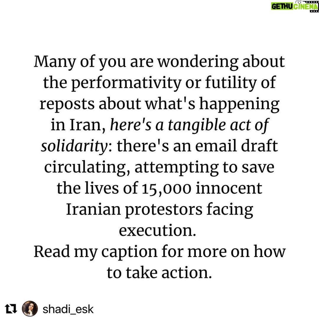 Catherine Bell Instagram - Please click on the link in my bio and sign this petition ASAP!!! 🙏🏼🙏🏼🙏🏼 #Repost @shadi_esk with @use.repost ・・・ Did you know the current president of Iran was one of four people involved in the 1988 mass executions that took place? In 5 months, this “death committee” oversaw the execution of thousands of political prisoners, after having systematically disappeared, detained and tortured them. Five months of death after death. No due process. A political purge. The numbers are said to be around 4000 to 30,000. Prisoners were hung in groups of six, from cranes in half-hour intervals, thrown into mass graves at unknown locations. In response to dissidence, the IR judiciary system often holds kangaroo courts, without lawyers, a jury, or any due process, and they accuse and sentence someone to death in less than 15 minutes. And now, like 1988, history is repeating itself. On November 6th, 227 members of the 290-seat Parliament of Iran called on the judiciary to issue executions for 15,000+ protestors who have recently been arrested. They have already begun handing out death sentences. There is a prepared email draft written by diaspora Iranian lawyers and activists (first posted by @alsoknownas.e) that is ready to be sent to the UN, the White House and new agencies worldwide. All you have to do is click the link and it all shows up ready for you to send. Many of you are wondering about the performativity of reposts (though they are crucial), please send this email as a tangible act of solidarity. It will make a difference and save the lives of 15,000 innocent people. This is the link: tinyurl.com/2p956jm2 I have also provided the link in my bio. This action is absolutely urgent. Time is of the essence.