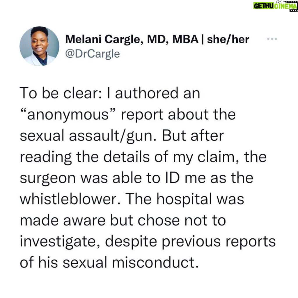 Charles S. Johnson IV Instagram - 🚨sexual assault and medical racism 🚨 Dr. Cargle was a @UCLA medical student when she reports being forced to watch her supervising surgeon at @harbor_ucla sexually assault his unconscious, anesthetized Black male patient. Dr. Cargle authored an “anonymous” report about the sexual assault/gun. But after reading the details of her claim, the surgeon was able to ID her as the whistleblower. The hospital was made aware but chose not to investigate, despite previous reports of his sexual misconduct. She is now being terminated from her LAC+USC Orthopaedic surgery residency. NONE of this is okay. This must be investigated IMMEDIATELY and the attending must be held to account. Dr. Cargle deserves our protection and support above all else at this time. Repost from @wokedoctors • 🚨 Please share and repost, and consider donating to Dr. Cargle’s legal defense fund (link in Bio). 🚨 Please tag any news channel or platform you think would be willing to amplify this story. #ucla #harborucla #uclahealth #harboruclamedicalcenter #harboruclamedicalcenter #orthopedics #orthopaedics #ortho #patient #healthcare #doctor #doctors #advocacy #medicalracism #sexualassault #metoo