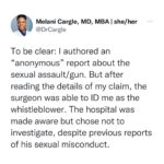 Charles S. Johnson IV Instagram - 🚨sexual assault and medical racism 🚨 Dr. Cargle was a @UCLA medical student when she reports being forced to watch her supervising surgeon at @harbor_ucla sexually assault his unconscious, anesthetized Black male patient. Dr. Cargle authored an “anonymous” report about the sexual assault/gun. But after reading the details of her claim, the surgeon was able to ID her as the whistleblower. The hospital was made aware but chose not to investigate, despite previous reports of his sexual misconduct. She is now being terminated from her LAC+USC Orthopaedic surgery residency. NONE of this is okay. This must be investigated IMMEDIATELY and the attending must be held to account. Dr. Cargle deserves our protection and support above all else at this time. Repost from @wokedoctors • 🚨 Please share and repost, and consider donating to Dr. Cargle’s legal defense fund (link in Bio). 🚨 Please tag any news channel or platform you think would be willing to amplify this story. #ucla #harborucla #uclahealth #harboruclamedicalcenter #harboruclamedicalcenter #orthopedics #orthopaedics #ortho #patient #healthcare #doctor #doctors #advocacy #medicalracism #sexualassault #metoo