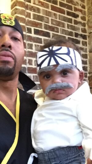 Charles S. Johnson IV Instagram - Throw back from our first Halloween together 👻. #THEKARETEKID . Langston as Mr. Miyagi still cracks me up😂
#mrmiyagi 
#danielson 
#waxonwaxoff 
#happyhalloween 
#kirataughtme 
#trickortreat 
#toddlersgonewild