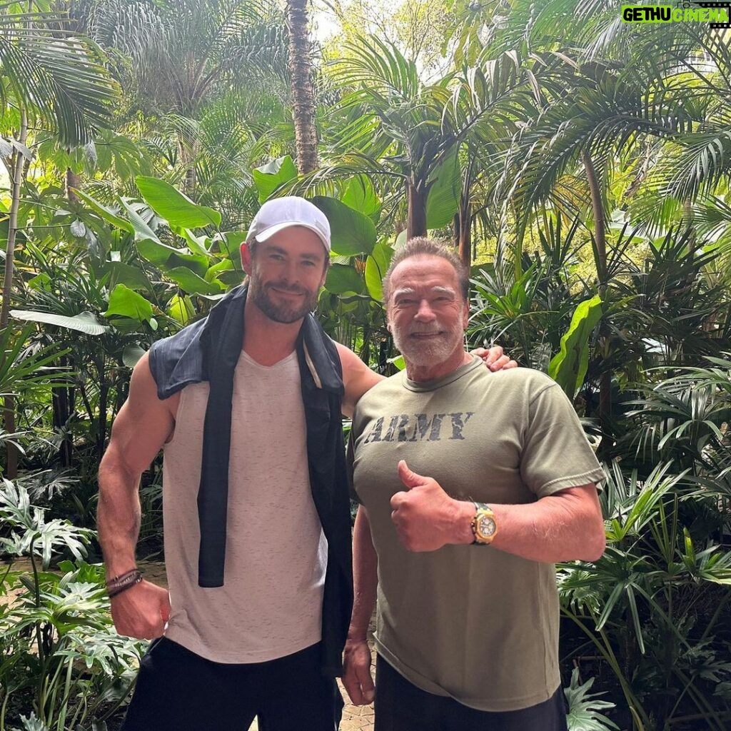 Chris Hemsworth Instagram - Ya never know who you’ll bump into at the gym! What a dream to train with the one and only @schwarzenegger