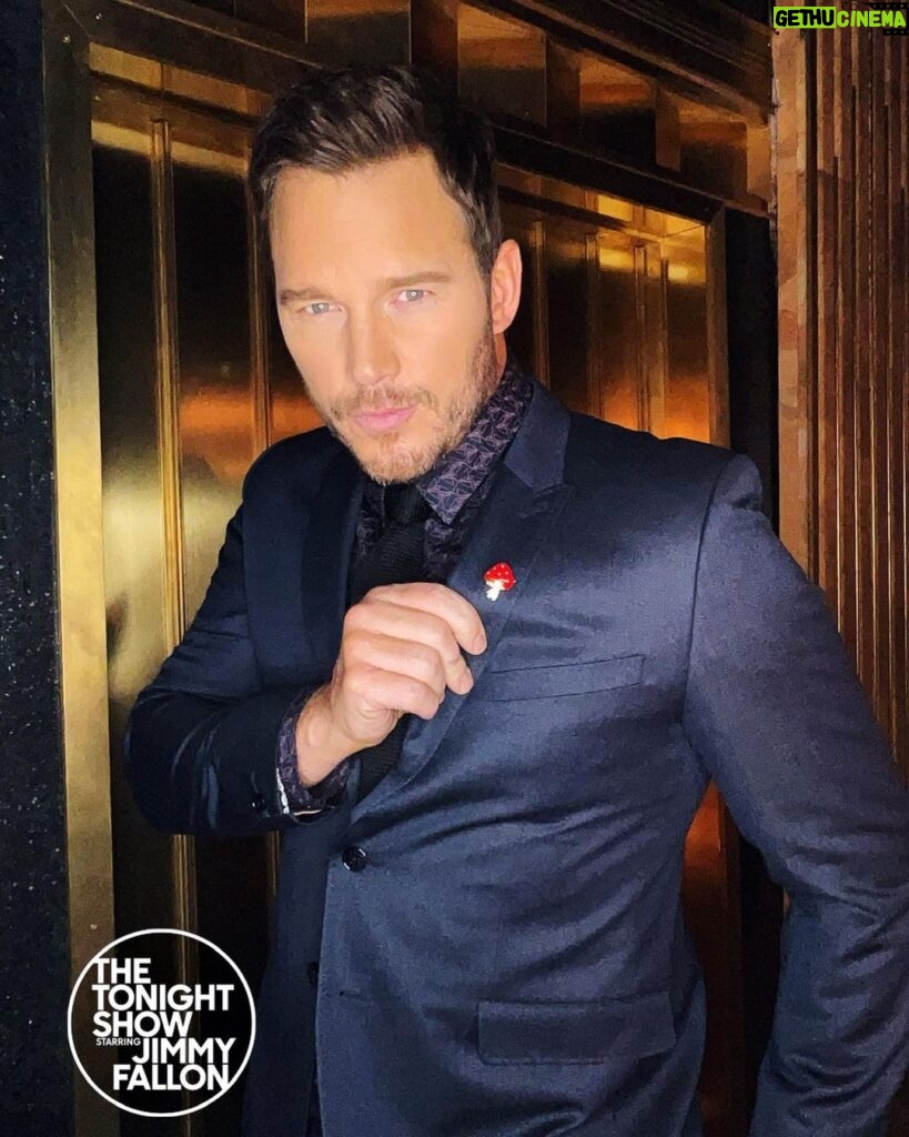 Chris Pratt Instagram - There’s so much to unpack here… yes I’m wearing a mushroom pin (and I love it), yes I have a plunger on my head (no it is not comfortable) and yes… I’m on the Tonight Show with Jimmy Fallon… TONIGHT! It’s Mario time! 🍄 🪠