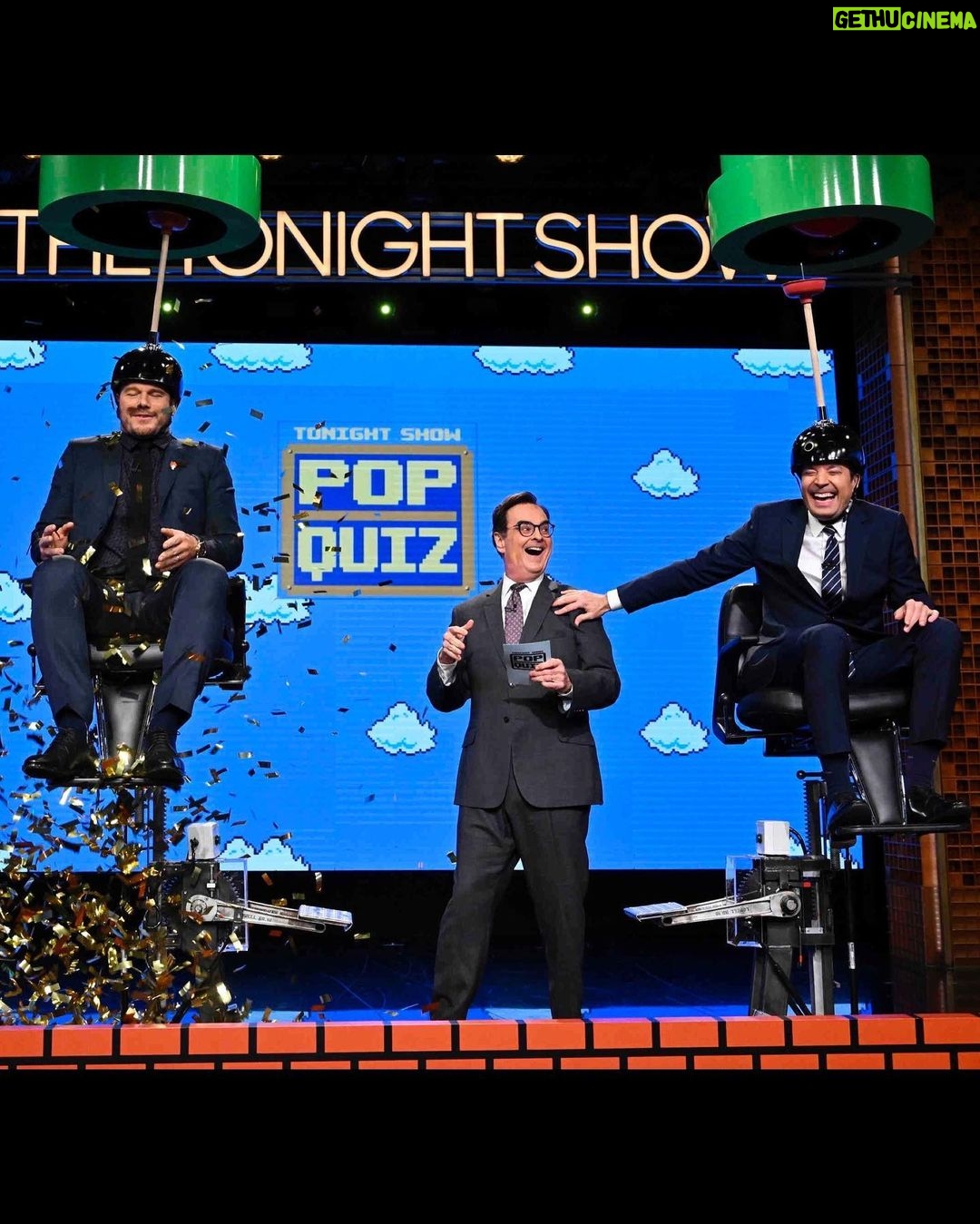 Chris Pratt Instagram - There’s so much to unpack here… yes I’m wearing a mushroom pin (and I love it), yes I have a plunger on my head (no it is not comfortable) and yes… I’m on the Tonight Show with Jimmy Fallon… TONIGHT! It’s Mario time! 🍄 🪠