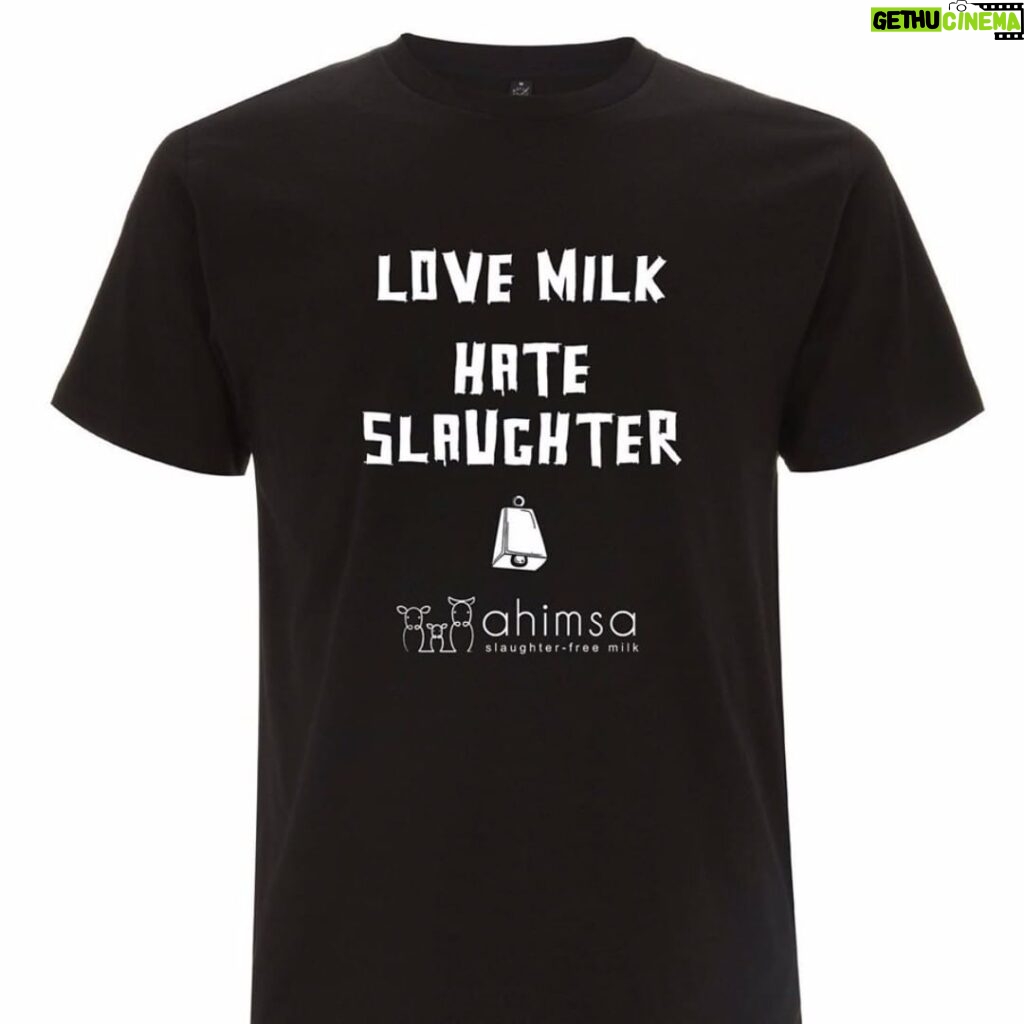 Chrissie Hynde Instagram - Chrissie has collaborated with @weare1of100 on a t-shirt design for Ahimsa Farms. 'Ahimsa means farming that protects rather than threatens the life of domestic animals. This system promotes the symbiotic relationship between man and beast, lost by industrial farming methods. Love Milk / Hate Slaughter - Go Ahimsa!' Get the tee via the link in the bio. 1 of 100 T-Shirts are ethically produced using only renewable energy and following Fair Wear Foundation guidelines.
