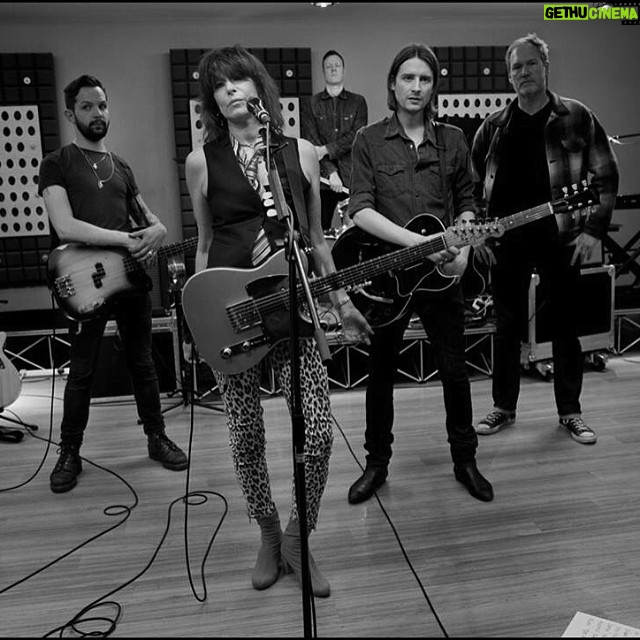 Chrissie Hynde Instagram - Hey look everybody! Here's the first ever photo of The Will Travel Band. Are we ugly enough to be a veritable rock band? Of-course we are! Don't insult my intelligence OR my sense of style by questioning it for even one minute. . That's me in the middle in the sad 70's looking leopard print jeans. To my left is bass player Dan Logan (looking like he dearly wishes he was anywhere else), over my shoulder you can just about see drummer Kris Sonne, and then Ollie McClaren with the cool looking guitar, and lastly to the far right, Sean Reid, our keyboardist. I know what you're thinking, " Fire the stylist" . Well, we might not be welcomed on the catwalk, but believe me, no combination of models from here to Paris can even dream of sounding as awesome as we do. So there. Now all we have to do is find a dive that will let us use their stage. Any takers? See ya there then...............xch. #chrissiehynde