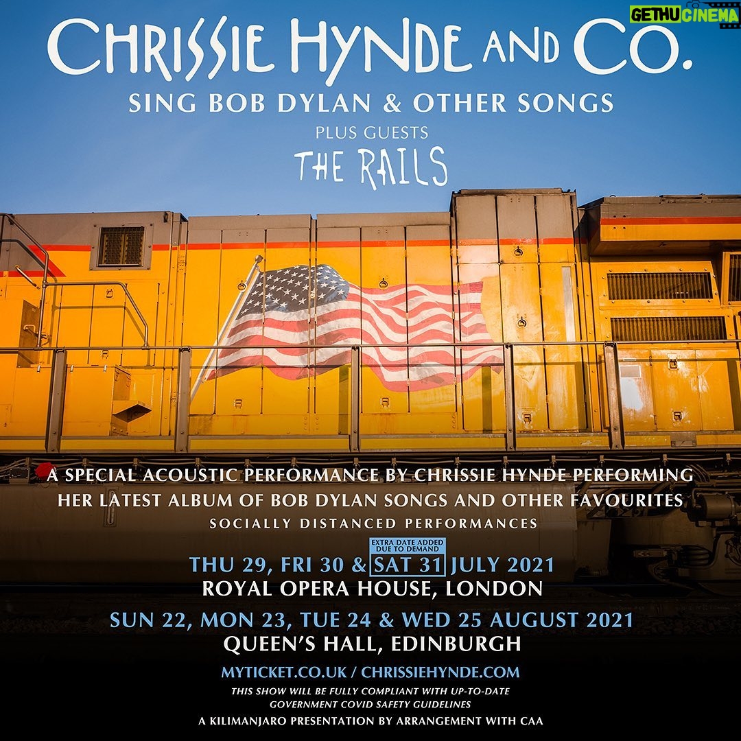 Chrissie Hynde Instagram - EXTRA DATE ADDED! Due to popular demand, a third night on Saturday 31st July has been added to Chrissie’s stripped-back, socially distanced shows at the @royaloperahouse in London She’ll be performing tracks from her latest album ‘Standing In The Doorway: Chrissie Hynde Sings Bob Dylan’ as well as some Pretenders favourites Tickets onsale now along with her four dates at Edinburgh Fringe at the @queens_hall from 22nd to 25th August 2021 through the link in bio -CHHQ