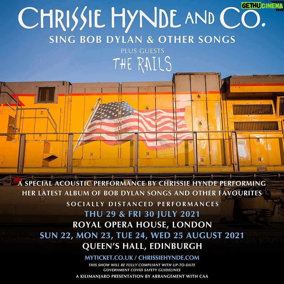 Chrissie Hynde Instagram - Tickets are onsale now for Chrissie’s stripped-back, socially distanced shows at the @royaloperahouse London in July 2021, and @queens_hall Edinburgh in August 2021 Chrissie will be performing tracks from her latest album ‘Standing In The Doorway: Chrissie Hynde Sings Bob Dylan’ as well as some Pretenders favourites, with support from @therails Grab your tickets to all events through the link in bio -CHHQ