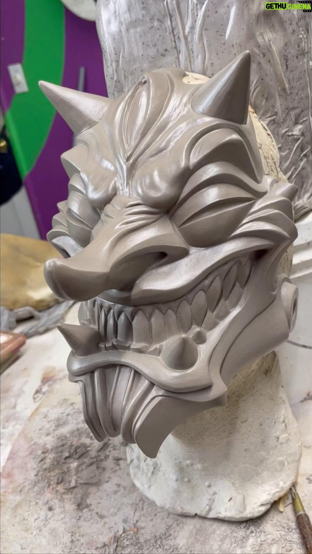 Cig Neutron - 410 Likes - The daemon mask is done in all it’s glory! I’m so proud of this piece. This is the first piece I’ve done in so long that was just for me. I started it on a sculpt night with family and friends and then I allowed it to show me where it wanted to go. This is what was conjured. I’ll have copies available for sale soon both painted and unpainted. #mask #sculpture #art #tengu #oni #daemon #demon