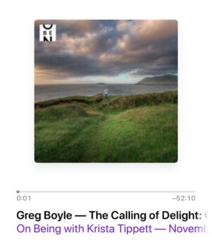 Claire Danes Instagram - I was so lucky to start my Thanksgiving day listening to this episode of On Being, a favorite podcast of mine. Greg Boyle is Krista’s guest, a Jesuit priest, who has created hugely successful gang intervention programs in LA. He’s so loving and witty and makes the world feel expansive and inclusive and I just want to raise a glass and a turkey leg to all of that goodness. Happiest of gobbles, everybody. Giving you a big audio hug.