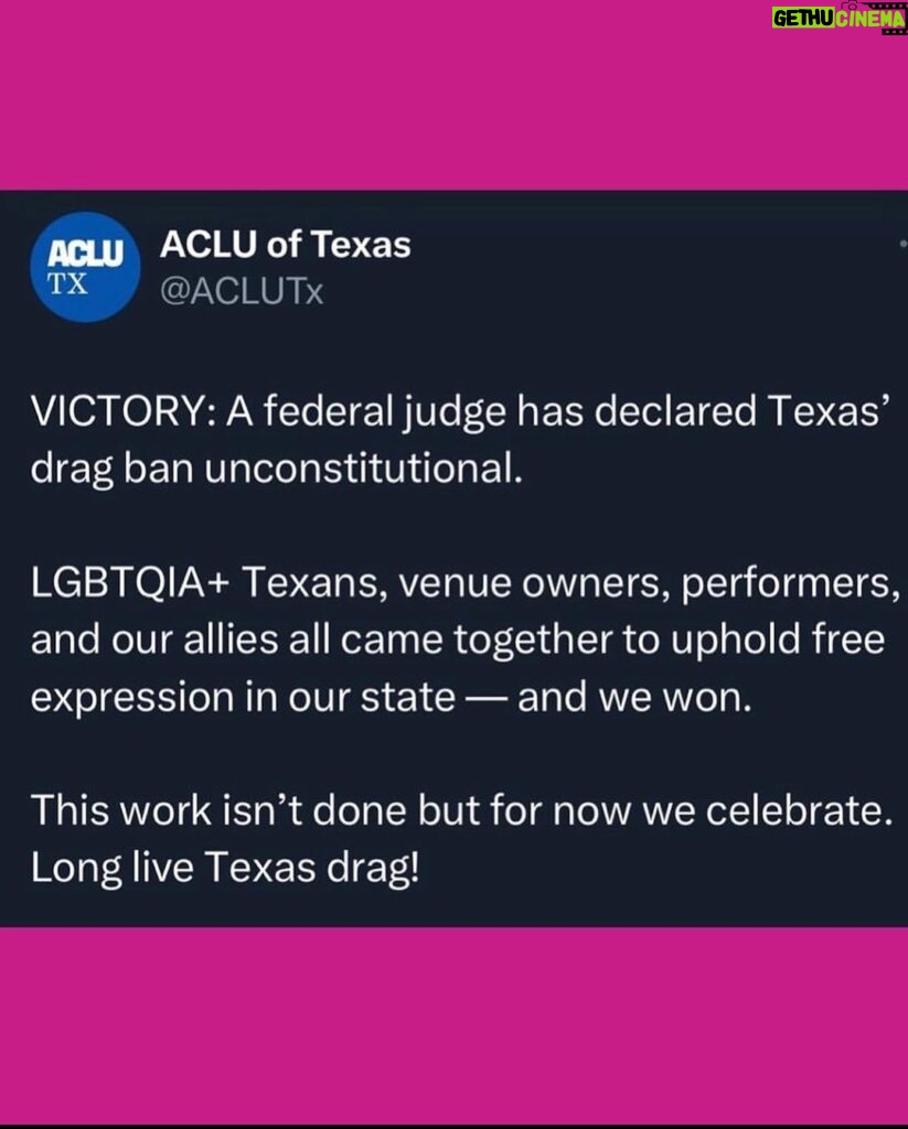 Cynthia Lee Fontaine Instagram - Victory : A Federal Judge has declared Texas Ban ( SB12) UNCONSTITUTIONAL !!!!!! We can celebrate for now ! Tears to my eyes at this moment because Drag is love and fun ! Nothing else ! Thanks to @brigittebandit @aclutx and all the organizations who are fighting for our rights with us ! Gracias 🙏🏻 Let’s celebrate 🎊 #sb12 #fyp #rupaulsdragrace #activist #advocate #dragislove #dragisnotacrime #happy #cucu #emotional #wewillcontinuetofight #hispana #boricua #proudDragqueen #orgullo #lgbt+