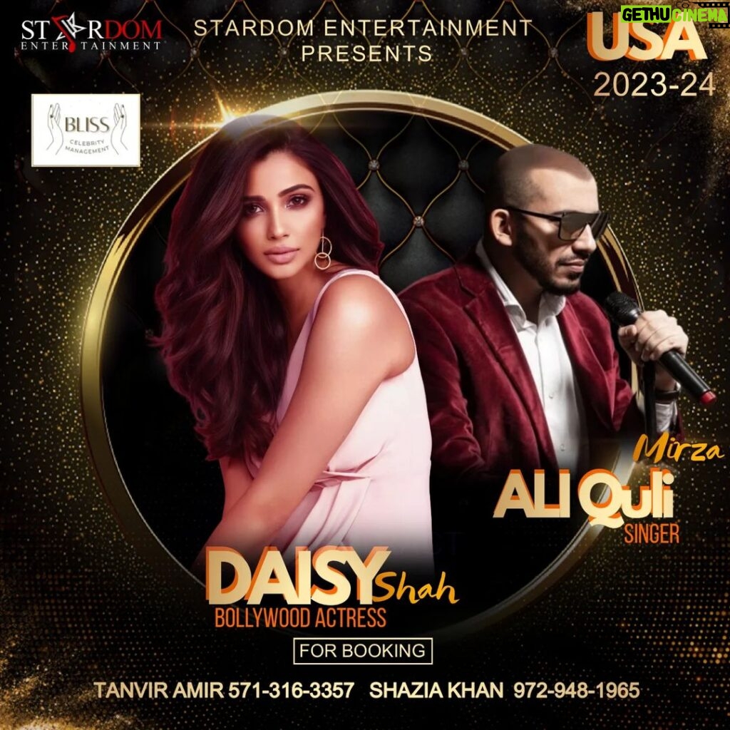 Daisy Shah Instagram - Spice up your holiday season with a dash of Bollywood magic! Get ready to groove, glitter, and glam at this lively Bollywood Nite Rendezvous presented by STARDOM ENTERTAINMENT. @tanviramir1 @aliqulimirzaofficial @bliss_celebrity_management @team.aqm.01 #DaisyShah #BollywoodNiteTour #usa Contact: Tanvir Amir & Shazia Khan 571 316 3357