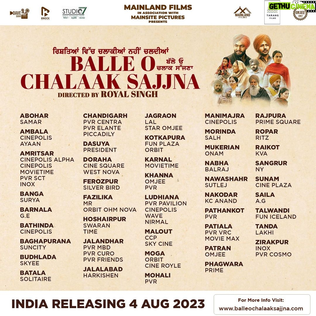 Dave Sidhu Instagram - Worldwide Tickets Out Now www.balleochalaaksajjna.com In Australian / NZ Cinemas 4th August 2023 𝐌𝐀𝐈𝐍𝐋𝐀𝐍𝐃 𝐅𝐈𝐋𝐌𝐒🎬 Omjee Star Studios ਬੱਲੇ ਓ ਚਲਾਕ ਸੱਜਣਾ ਰਿਸ਼ਤਿਆਂ ਵਿੱਚ ਚਲਾਕੀਆਂ ਨਹੀਂ ਚਲਦੀਆਂ @paramsidhu_homes @guribhaji @sukhibhaji @cinetownofficial @singhroyal24 @rajsinghjhinjar @cinetownofficial @vikramchouhan.official @HarashJotKaur @molinasodhiofficial @mainlandfilms @dilraj_uday @mahabirbhullar1 @nirmalrishiofficial @officialrupinder_rupi @amansutdhar @johnmasih75 @parkashgadhu @irajdhaliwal @sukhwinderrajbuttar @jaswindermakrauna @randeepbhangu51 @official.parmindergill @makeup_killers_ @nrindrjoot_kaur @simran_turban_coach19 @gurbhej9970 @vishalkaushikreal @artist_talwinder @im.lucky25 @vijaylama008 @kulwinderkaur @impanthpreet @i_em_jt @kdeephairstylist_ @nima.virk.14 @dosanjh_gurpreet @ mainhitz @the.weekendstudio @nachhatargill @garrythindsurrey @sukhjinder.dhillon988 @omjeegroupofficial @davesidhusydney @knockmedia1 #balleochalaaksajjna #mainlandfilms #GTentertainment #RoyalSingh #RajSingjhinger #VikramChouhan #HarashJotKaurToor #mainhitz #MolinaSodhi #GurpreetToti #omjeegroup #mainlandfilms #mainsitepictures #knockmedia