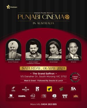 Dave Sidhu Instagram - We Proudly Welcome Punjabi Cinema in Australia 

Hosting an Meet & Greet with 

Karamjit Anmol 
Actor / Singer / Comedian 
Nisha Bano 
Actor / Singer 
Jarnail Singh
Actor / Producer 
Dave Sidhu
Director 

Cinetown is a movie database website that have database of movies, webseries from hollywood, bollywood to all over the world. Cinetown has a large Database Will help to conncet producers to Talent and talent to Productions Houses,

International Film Makers are welcome to Australia to Produce Films and Shoot Projects , Indian Subconinent polupation has grown in australia 

2006–2011- Aproxx 159,326 Indians in Australia 
2011–2016- Aproxx  619,164 Indian in Australia 
2020, there were over 7.6 million migrants living in Australia. This was 29.8% of the population that were born overseas. One year earlier, in 2019, there were 7.5 million people born overseas 

We are really Thnakful To The following Pollywood Prodctions and Distributors who is been Enterntaining indian subcontinent in australia NZ

@humblemotionpictures @omjee_star_studio @ranjivsinglaproductions @karamjitanmol @forum_films @sachinankushproductions Sachin Ankush Productions  @TheNextfilmStudios @chaupaltv @speedrecords Records @vehlijantarecords @virasatfilms @ghaintboysentertainment @kulwinderbilla Billa @neerubajwa Bajwa and All Cast & Crew 

#Cinetown #HumbleMotionPictures #ranjivsinglaproductions #karamjitanmol #nishabano #ForumFilms #sachinankush #TheNextFilmStudios #Chaupal #speedrecords #vehlijanta #virasatfilms #ghaintboysentertainment #neerubajwa #kulwinderbilla