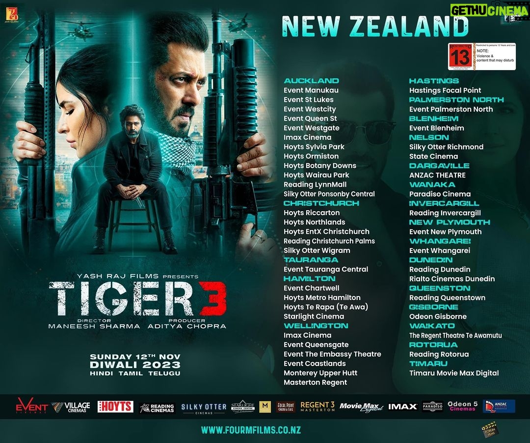 Dave Sidhu Instagram - Tiger and Zoya are finally here! 🔥🔥🔥 Watch #Tiger3 in cinemas today. Book your tickets now! For New Zealand cinemas listing Salman Khan | Katrina Kaif | Emraan Hashmi | #ManeeshSharma | Tiger 3 | #YRF50 | #YRFSpyUniverse | #YRFInternational