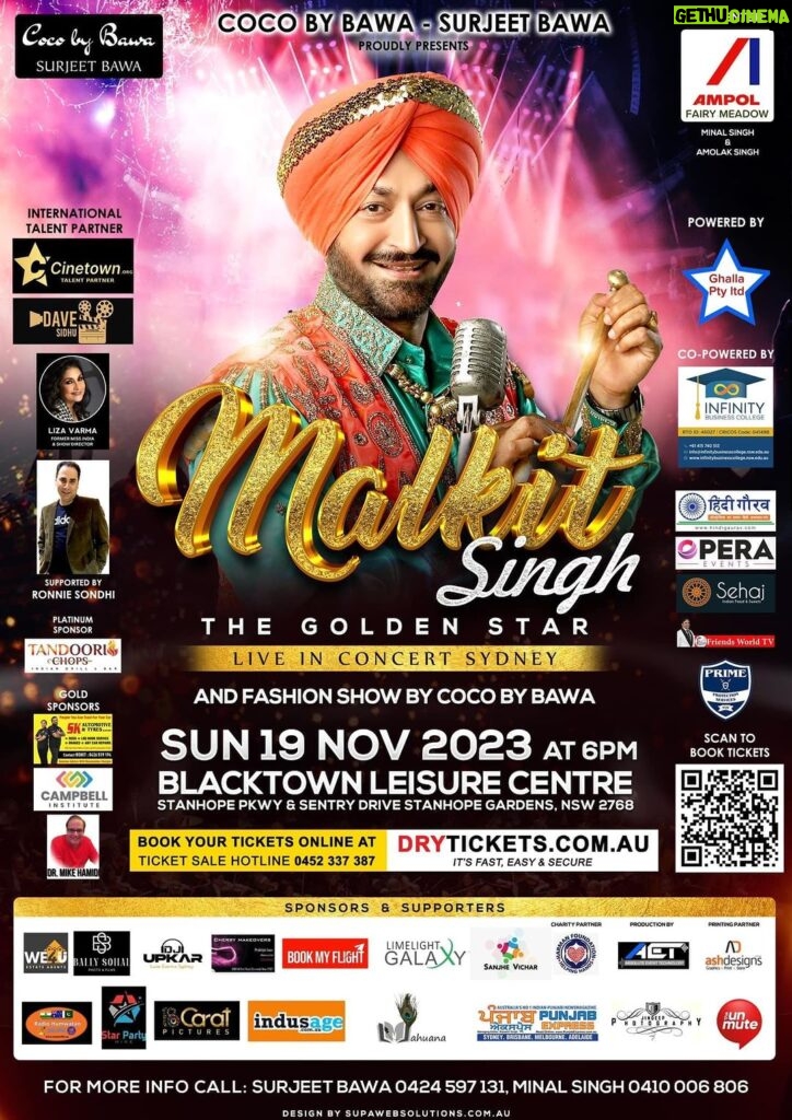 Dave Sidhu Instagram - One of the most popular, Mega star and legendary singer Golden star Malkit Singh tour in Sydney Get ready for the most awaited Live singing concert & Fashion show See you all there Best Punjabi Bhangra event of the year #HauteCoutureFashionShowAustralia followed by the live singing concert by Legendary Golden star #MalkitSingh SAME TICKET FOR BOTH THE EVENTS 🔥🔥Double Dhamaal Tickets out already!! Buy your tickets at Drytickets https://bit.ly/mssyd CocobyBawa best of the #HauteCoutureFashionShowAustralia #topmodelsrunwaywalk #bestdesignerscollections #runwaylookmakeupartist