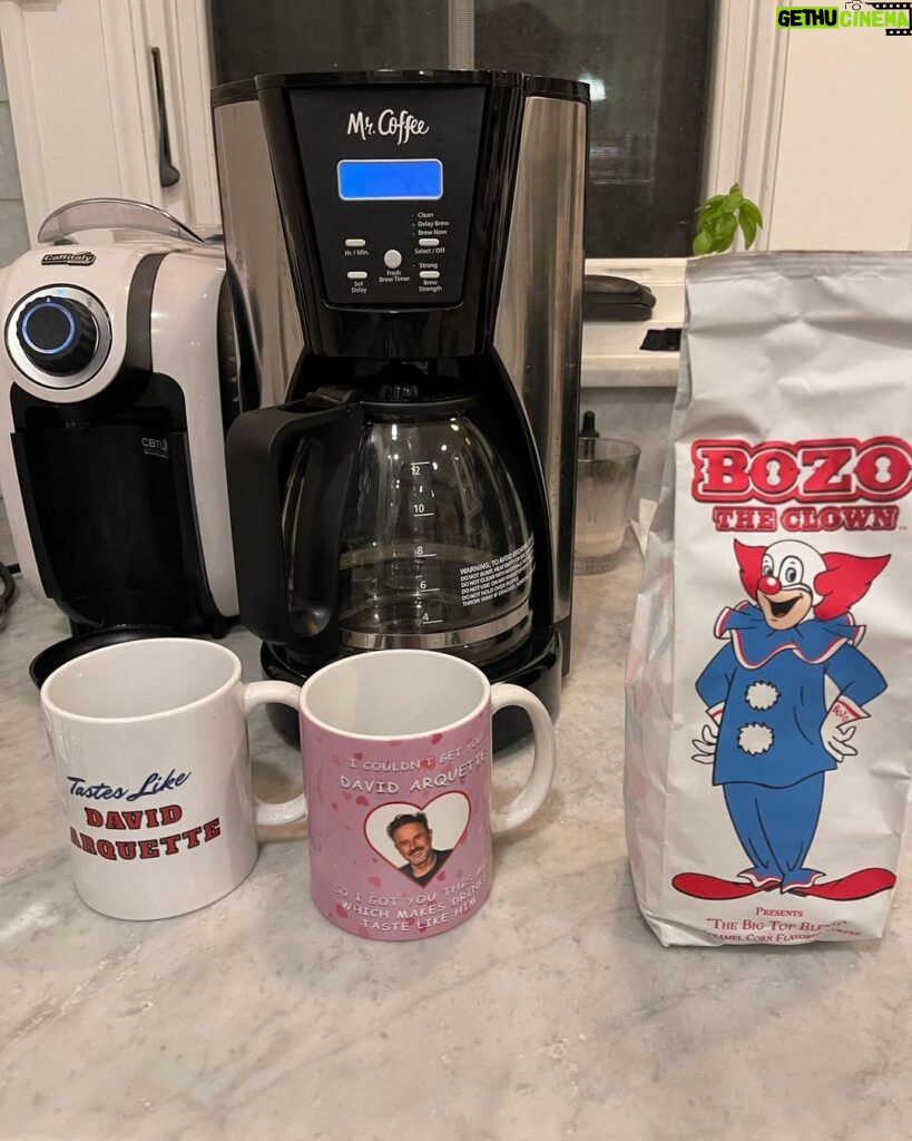David Arquette Instagram - Thank you @ojme98 for the fabulous mug with my mug on in. The closest I could come to tasting like me is the Carmel corn @breakfastatdominiques @realbozotheclown #coffee - I wonder if AI made that mug?