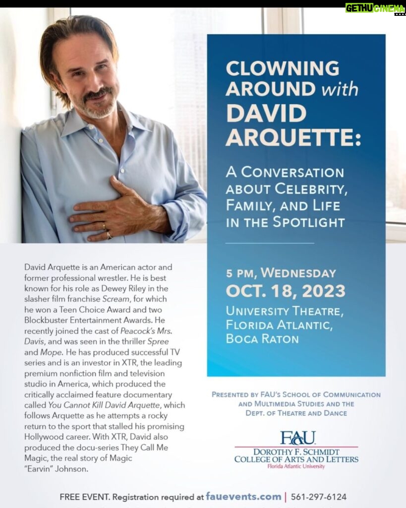David Arquette Instagram - So excited for this event at the Florida Atlantic University. Please come out and say hello. Thank you. Please check out the link in the picture