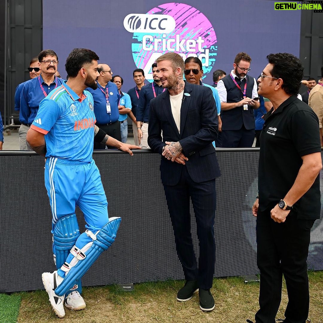 David Beckham - 2.7 Million Likes - What an incredible atmosphere… Thanks to @unicef and @sachintendulkar for making me so welcome at the Cricket World Cup 🏏🏆 These fans have such amazing energy 👏🏼 #CWC23