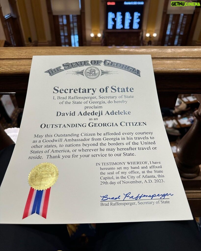 Davido Instagram - This morning I attended the U.S state of Georgia General assembly meeting with the Georgia House of Representatives and Georgia state senate to be recognized as an ‘Outstanding Georgia Citizen’ … God is good. 🇺🇸🌎🇳🇬 Georgia State Capitol Building