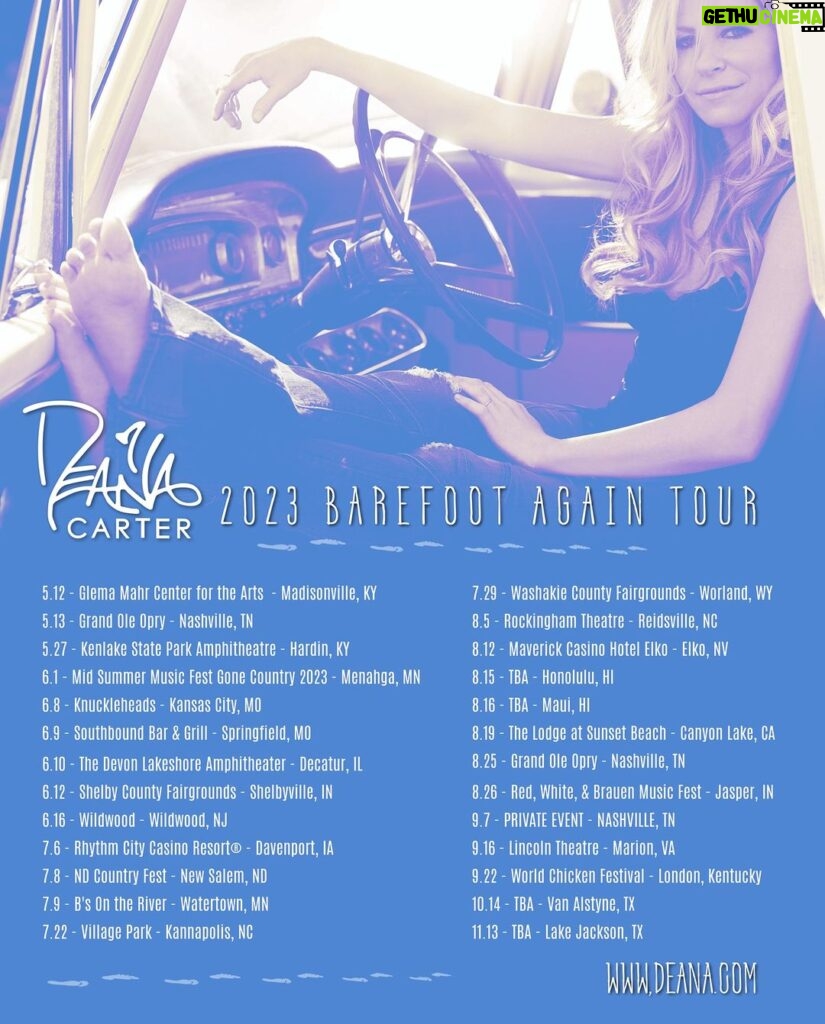 Deana Carter Instagram - The Deana Carter 2023 Barefoot AGAIN Tour 2023: 5.12 - Glema Mahr Center for the Arts - Madisonville, KY 5.13 - Grand Ole Opry - Nashville, TN 5.27 - Kenlake State Resort Park Amphitheatre - Hardin, KY 6.1 - Mid Summer Music Fest - Menahga, MN 6.8 - Knuckleheads Kansas City - Kansas City, MO 6.9 - Southbound Bar & Grill - Springfield, MO 6.10 - The Devon Lakeshore Amphitheater - Decatur, IL 6.12 - Shelby County Fair - Shelbyville, Indiana 6.16 - Barefoot Country Music Fest - Wildwood, NJ 7.6 - Rhythm City Casino - Davenport, IA 7.8 - ND Country Fest - New Salem, ND 7.9 - B's on the River - Watertown, MN 7.22 - City of Kannapolis - Village Park - Kannapolis, NC 7.29 - Washakie County Fair - Worland, WY 8.5 - Rockingham Theatre - Reidsville, NC 8.12 - Maverick Casino and Hotel Elko - Elko, NV 8.15 - TBA - Honolulu, HI 8.16 - TBA - Maui, HI 8.19 - The Lodge at Sunset Beach - Canyon Lake, CA 8.25 - Grand Ole Opry - Nashville, TN 8.26 - Red, White & Brauen Music Fest 2023 - Jasper, IN 9.7 - PRIVATE EVENT - NASHVILLE, TN 9.16 - Lincoln Theatre in Marion, Virginia - Marion, VA 9.22 - World Chicken Festival - London, Kentucky 10.14 - TBA - Van Alstyne, TX 11.13 - TBA - Lake Jackson, TX Get more information here: www.Deana.com Special thanks to Ernie Ball and Fender