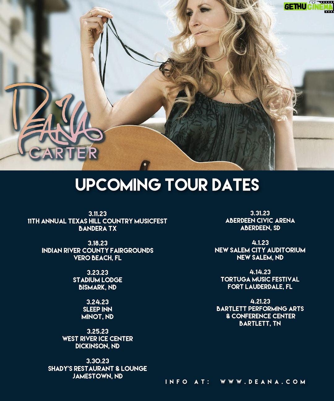 Deana Carter Instagram - Check out these upcoming Deana Carter tour dates! 3.11.23 11th Annual Texas Hill Country Musicfest Bandera TX 3.18.23 Indian River County Fairgrounds Vero Beach, FL 3.23.23 Stadium lodge Bismark, ND 3.24.23 Sleep Inn Minot, ND 3.25.23 West River Ice Center Dickinson, ND 3.30.23 Shady's Restaurant Jamestown, ND 3.31.23 Aberdeen Civic Arena Aberdeen, SD 4.1.23 New Salem City Auditorium New Salem, ND 4.14.23 Tortuga Music Festival Fort Lauderdale, FL 4.21.23 Bartlett Performing Arts and Conference Center Bartlett, TN Get more information here: https://www.bandsintown.com/a/18696 Special thanks to @ernieball and @fender