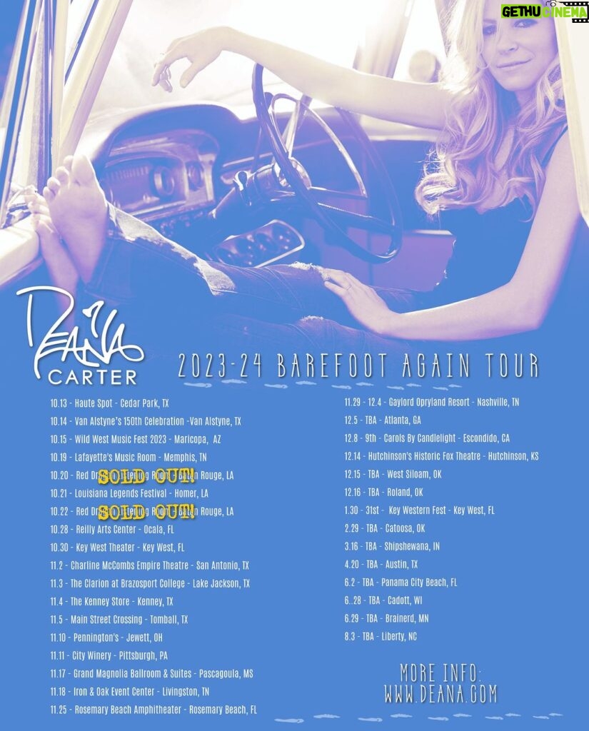 Deana Carter Instagram - Check out these upcoming tour dates! We have some TBA shows and some already on-sale, but all of these dates are EXCITING! I cannot wait to see you all! 10.13 - Haute Spot - Cedar Park, TX 10.14 - Van Alstyne’s 150th Celebration - Van Alstyne, TX 10.15 - Wild West Music Fest 2023 - Maricopa, AZ 10.19 - Lafayette's Music Room - Memphis, TN 10.20 - Red Dragon Listening Room - Baton Rouge, LA 10.21 - Louisiana Legends Festival - Homer, LA 10.22 - Red Dragon Listening Room - Baton Rouge, LA 10.28 - Reilly Arts Center - Ocala, FL 10.30 - Key West Theater - Key West, FL 11.2 - Charline McCombs Empire Theatre - San Antonio, TX 11.3 - The Clarion at Brazosport College - Lake Jackson, TX 11.4 - The Kenney Store - Kenney, TX 11.5 - Main Street Crossing - Tomball, TX 11.10 - Pennington's - Jewett, OH 11.11 - City Winery - Pittsburgh, PA 11.17 - Grand Magnolia Ballroom & Suites - Pascagoula, MS 11.18 - Iron & Oak Event Center - Livingston, TN 11.25 - Rosemary Beach Amphitheater - Rosemary Beach, FL 11.29 - 12.4 - Gaylord Opryland Resort - Nashville, TN 12.5 - TBA - Atlanta, GA 12.8 - 9th - Carols By Candlelight - Escondido, CA 12.14 - Hutchinson's Historic Fox Theatre - Hutchinson, KS 12.15 - TBA - West Siloam, OK 12.16 - TBA - Roland, OK 1.30 - 31st - Key Western Fest - Key West, FL 2.29 - TBA - Catoosa, OK 3.16 - TBA - Shipshewana, IN 4.20 - TBA - Austin, TX 6.2 - TBA - Panama City Beach, FL 6..28 - TBA - Cadott, WI 6.29 - TBA - Brainerd, MN 8.3 - TBA - Liberty, NC Get more information at www.Deana.com, and stay tuned for updates and announcements! #strawberrywine #womenincountry #90scountry #countrymusic #deanacarter #didishavemylegsforthis