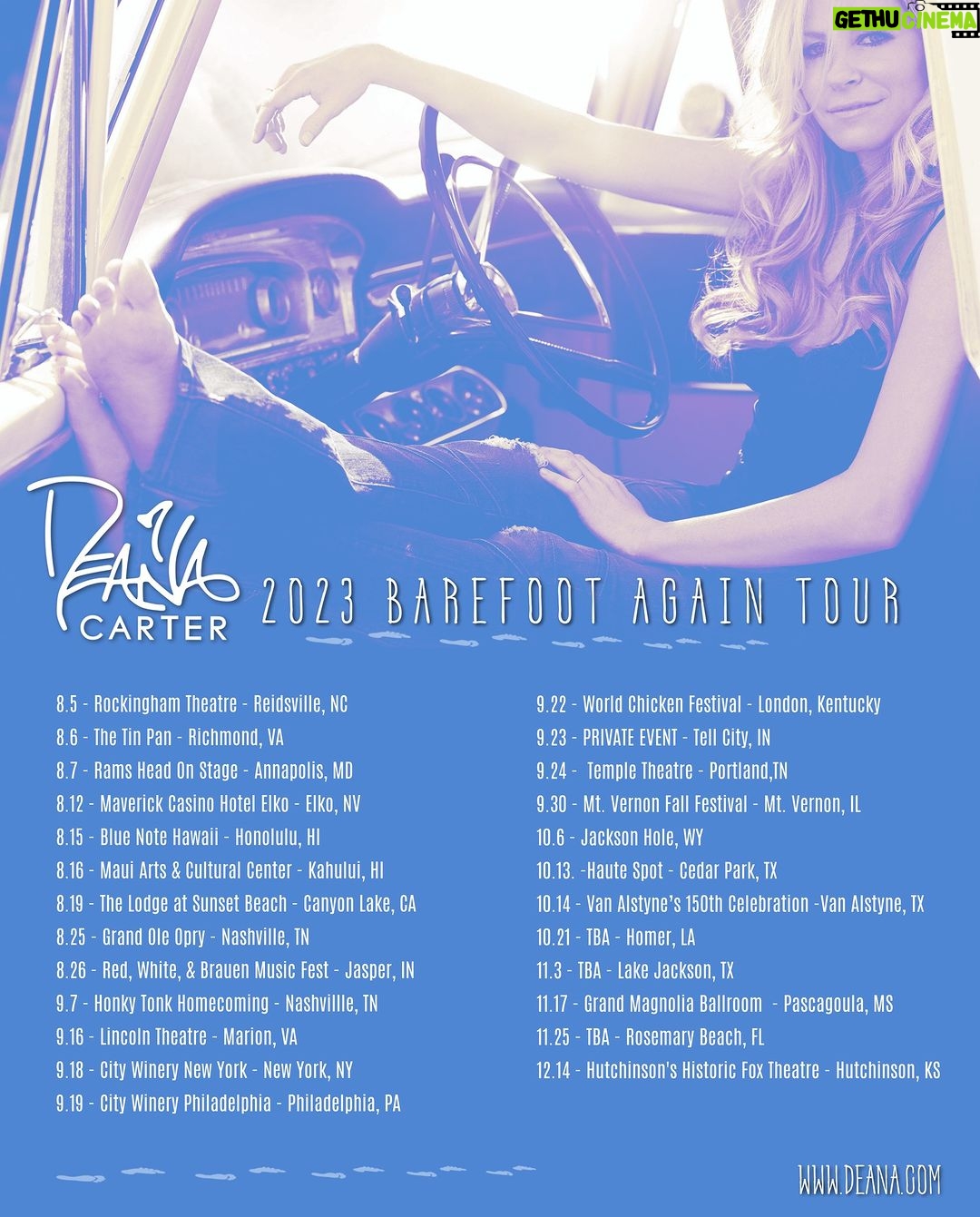 Deana Carter Instagram - Check out these upcoming Deana Carter tour dates: 8.5 - Rockingham Theatre - Reidsville, NC 8.6 - The Tin Pan - Richmond, VA 8.7 - Rams Head On Stage - Annapolis, MD 8.12 - Maverick Casino Hotel Elko - Elko, NV 8.15 - Blue Note Hawaii - Honolulu, HI 8.16 - Maui Arts & Cultural Center - Kahului, HI 8.19 - The Lodge at Sunset Beach - Canyon Lake, CA 8.25 - Grand Ole Opry - Nashville, TN 8.26 - Red, White, & Brauen Music Fest - Jasper, IN 9.7 - Honky Tonk Homecoming - Nashvillle, TN 9.16 - Lincoln Theatre - Marion, VA 9.18 - City Winery New York - New York, NY 9.19 - City Winery Philadelphia - Philadelphia, PA 9.22 - World Chicken Festival - London, Kentucky 9.23 - PRIVATE EVENT - Tell City, IN 9.24 - Temple Theatre - Portland,TN 9.30 - Mt. Vernon Fall Festival - Mt. Vernon, IL 10.6 - Jackson Hole, WY 10.13. -Haute Spot - Cedar Park, TX 10.14 - Van Alstyne’s 150th Celebration -Van Alstyne, TX 10.21 - TBA - Homer, LA 11.3 - TBA - Lake Jackson, TX 11.17 - Grand Magnolia Ballroom - Pascagoula, MS 11.25 - TBA - Rosemary Beach, FL 12.14 - Hutchinson's Historic Fox Theatre - Hutchinson, KS Get more information at: www.Deana.com Special thanks to @ernieball and @fender #didishavemylegsforthis #deanacarter #countrymusic #90scountry #womenincountry #strawberrywine
