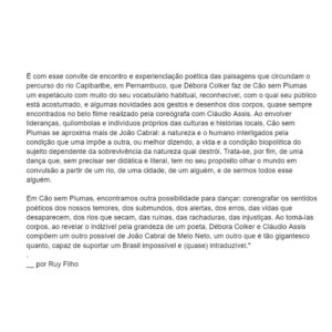 Deborah Colker Instagram - ‘Cão Sem Plumas’ pelas palavras de Ruy Filho.❤️
🗣️texto completo no @antropositivo 

“Em Cão sem Plumas, encontramos outra possibilidade para dançar: coreografar os sentidos poéticos dos nossos temores, dos submundos, dos alertas, dos erros, das vidas que desaparecem, dos rios que secam, das ruínas, das rachaduras, das injustiças. Ao torná-las corpos, ao revelar o indizível pela grandeza de um poeta, Débora Colker e Cláudio Assis compõem um outro possível de João Cabral de Melo Neto, um outro que é tão gigantesco quanto, capaz de suportar um Brasil impossível e (quase) intraduzível.”

📹 @henrique_botkay @julianozzappia 

#cãosemplumas #cãosemplumasemlisboa #ciadeborahcolker #riocapibaribe #joaocabraldemeloneto