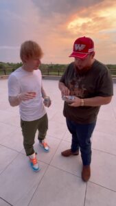 Ed Sheeran Instagram - Learning how to shotgun a beer with @lukecombs