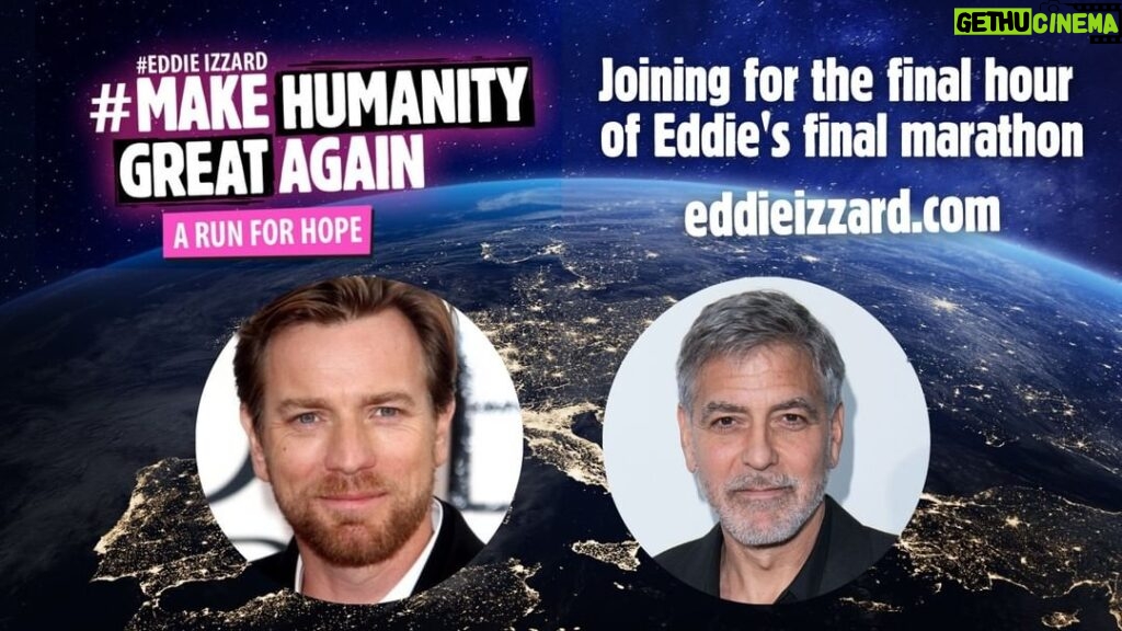 Eddie Izzard Instagram - Only 1 more hour left until Eddie finishes this amazing challenge!!! Eddie is live now with #EwanMcGregor and will be joined by #GeorgeClooney shortly. Donate at www.eddieizzard.com! - The Beekeepers #MakeHumanityGreatAgain