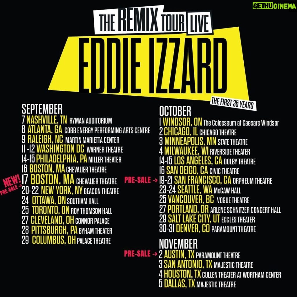 Eddie Izzard Instagram - BOSTON! Due to overwhelming demand we have added a second night! Pre-sale is today along with SAN FRANCISCO and AUSTIN.  Passcode is "BEES".  All pre-sales start at 10 AM local time.  Hope you can join me. www.eddieizzard.com/shows (link in profile) #EddieIzzardRemixTour