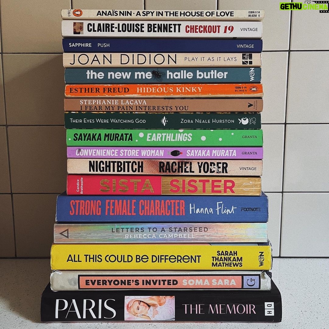 Ella-Rae Smith Instagram - as we are a little over halfway through the year, i wanted to share the brain food i have consumed through 2023 so far 🥸 hi-lights include finally entering the wonderfully weird world of Sayaka Murata, A Spy In The House Of Love becoming an instant all-time fave and reading Nightbitch whilst on night shoots. Loved everything about Hanna Flint’s Strong Female Character, Everyone’s Invited is a force of pure goodness and Paris: The Memoir? All I can say is, that’s hot.