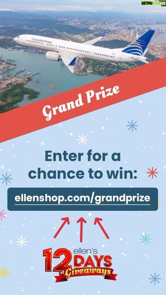 Ellen DeGeneres Instagram - There is one more day left to enter for a chance to win the grand prize for my 12 Days of Giveaways! My friends at @copaairlinesusa are giving our winners four roundtrip tickets to any of their wonderful destinations throughout the Caribbean, Central, and South America. Copa Airlines is Latin America’s leading and most on-time airline. The best part? TWELVE people are going to win this incredible package. Enter for a chance to win with my link in bio! Plus go follow @copaairlinesusa for details on how to enter for a chance to double your entry!