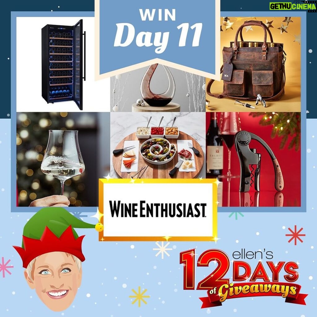 Ellen DeGeneres Instagram - Raise your hand in the comments if you like #wine 🖐️ I am about to make you very happy because @wineenthusiast is giving away the ultimate #winelover’s package! Take a look below, enter to win, and then invite me and Portia over for a tasting. We have our outfits already planned. The only way to enter the #giveaway is through my newsletter, so make sure to check your inbox for the link to enter. Or sign up to start receiving my newsletter through the link in my bio or at ellenshop.com/12Days. Good luck!