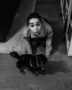 Emilia Clarke Instagram - An actor prepares. Ball?! Treat?! Lunch?! #ohitsadogslife #hewaslesshappywhenigottotheballfirst #🎾 #🐶