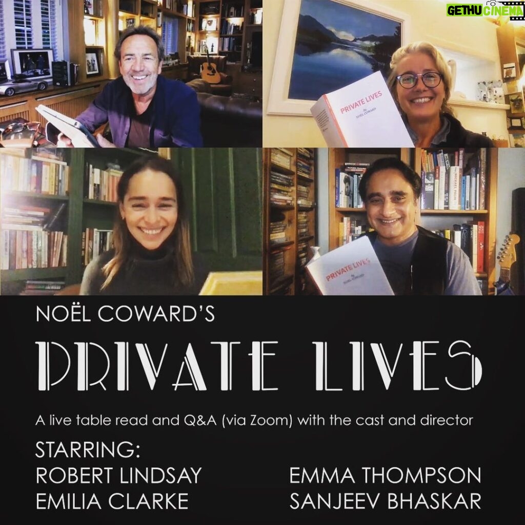 Emilia Clarke Instagram - WE’RE DOING A PLAY!!!!!! 🎉🙌🎉 Myself, my life guru and soul’s guide Emma Thompson, the remarkable Robert Lindsey and the Uber talented Sanjeev Bhaskar. We will be “reading” (performing) Noel Coward’s incredible and incredibly funny Private Lives.... LIVE! It takes place at 7pm GMT on Sunday 13th September (otherwise known as this Sunday) I can’t guarantee there won’t be any technical glitches to add to the humour but I can guarantee that we will be making something of them, and THAT alone will be worth watching... Tickets are on sale Now! All proceeds are going to the ever needed @royaltheatricalfund #🥳 Link in the bio! Www.rtflockdown.com So please come do join us having a rollocking good read. #theatreaintdeadbaby #🚀 #❤️ #🙌