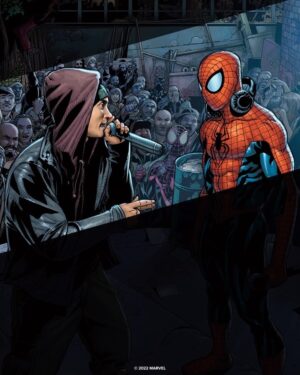 Eminem Instagram - The rap battle of the century. 🎤 See @Eminem and Spidey face off on hustl’s new variant cover for ‘Amazing Spider-Man’ #1! Mom’s spaghetti not included.
