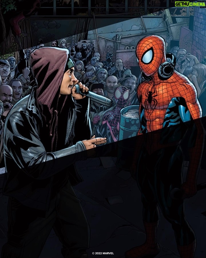 Eminem - 1.5 Million Likes - The rap battle of the century. 🎤 See @Eminem and Spidey face off on hustl’s new variant cover for ‘Amazing Spider-Man’ #1! Mom’s spaghetti not included.