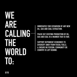 Emma Watson Instagram - #KEEPTHEMINTHEGROUND 
@fossilfueltreaty 

Dear friends, 
We are asking you to join us in signing a treaty to end the expansion of Fossil Fuels. The link to the treaty is in the bio. Please sign it. Please share it. Please read the slides provided that further explain what it is. 

And then hopefully, like us, get righteous about it. Get angry about it. Let it break your heart. Let it motivate you. Let it inspire you to action. Because what we are asking you to participate in is a non-partisan issue. It is in fact a universal issue. It is the loss of our home. It is the loss of our futures. There is no one person immune from this problem. 

It does however, affect everyone in different ways. It is unfortunately an issue that must be SYSTEMATICALLY changed, because those who are without resources cannot afford such a transition on their own. There is just only so much we can do individually. But what we can ALL do to help - is start here. 

Join us in adding your name to the treaty. 
Your voice is powerful. 
Our voice is powerful. 

“Our addiction to fossil fuels is pushing humanity to the brink. We face a stark choice: either we stop it - or it stops us. It’s time to say: enough." 
- UN Secretary General António Guterres

“We are currently on track for at least a 2.7 C hotter world by the end of the century — and that’s only if countries meet all the pledges that they have made. Currently they are nowhere near doing that.” 
- Greta Thunberg

"I hope you can appreciate that where I live, a 2 degree world means that a billion people will be affected by extreme heat stress. In a 2 degree celsius world - some places in the global south will regularly reach a wet bulb temperature of 35 degrees celsius and at that temp, the human body cannot cool itself by sweating... We don't believe you. We don't believe that banks will suddenly put trillions of dollars on the table for climate action, when rich countries have struggled since 2009 to raise the money for the world's most vulnerable countries.” 
- Vanessa Nakate